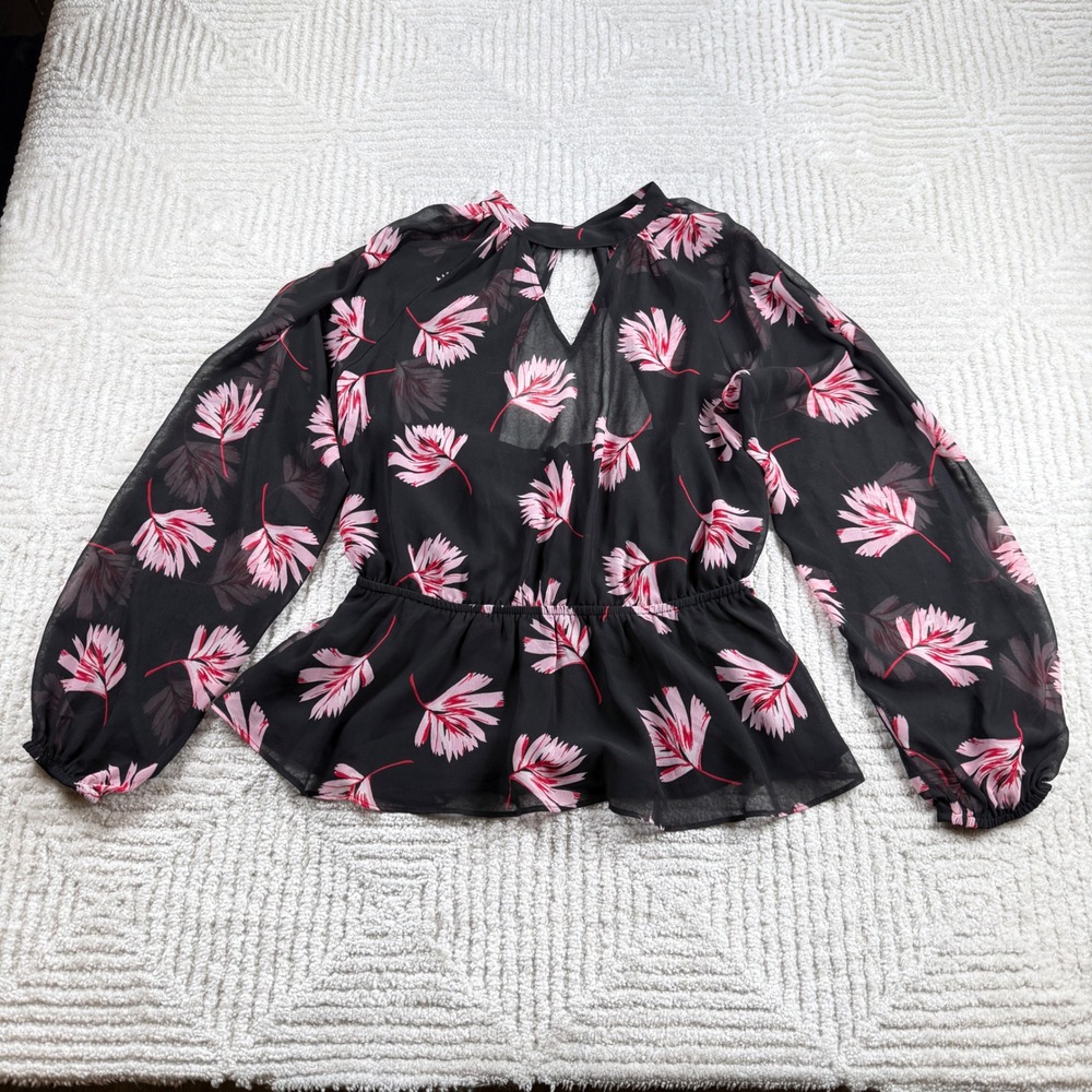 Express Peplum Blouse Women S Black Chiffon Top Tropical Botanical Y2K Romantic
